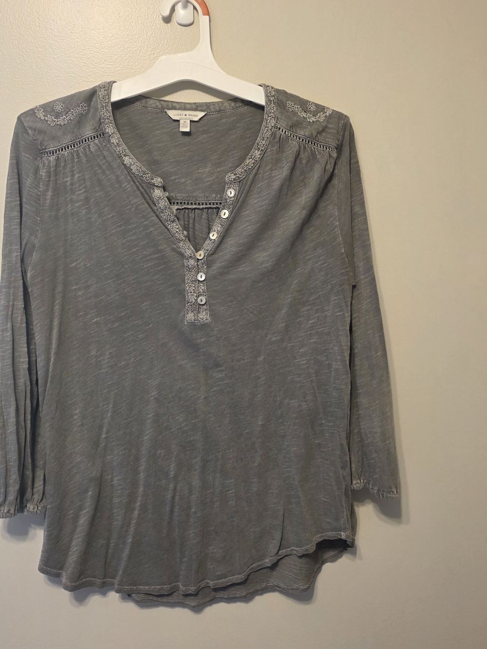 Lucky Brand Grey Lace-Trim Henley Long Sleeve Top